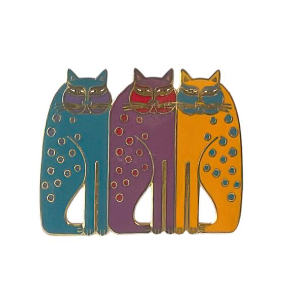 80s Laurel Burch Gold Plate Cloisonne Teal Purple Yellow Siamese Cat Trio Brooch - Picture 1 of 3